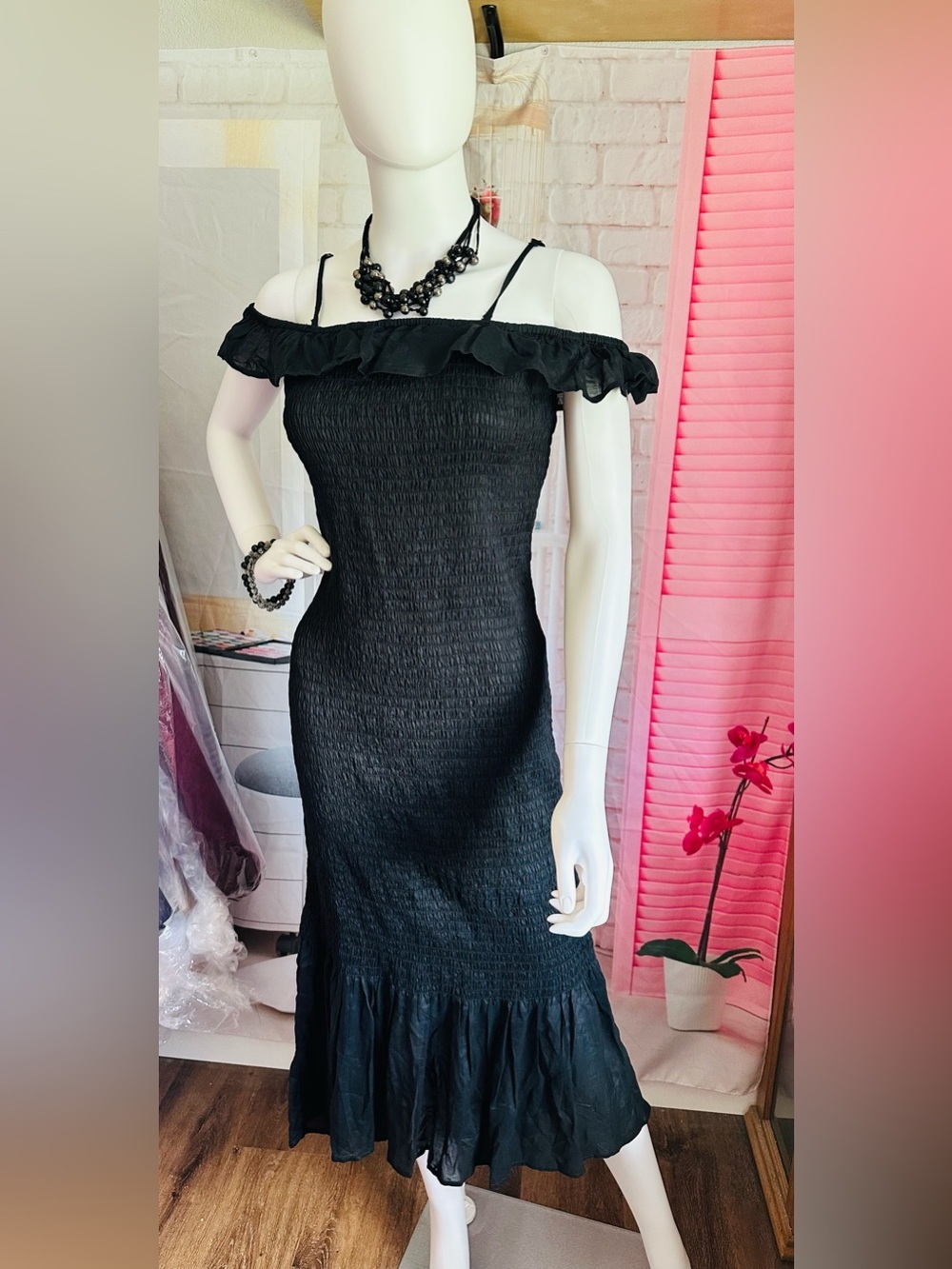 Anthropologie Black Smocked Ruffle Off-Shoulder Dress - Picture 5 of 15